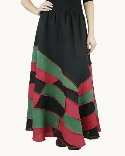 Lniana spódnica maxi patchwork uszyta z kawałków lnu, Naturalnie Podlasek, widok z przodu