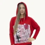 Czerwona bluzka dzianinowa oversize z kapturem ręcznie malowana