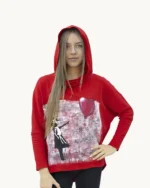 Czerwona bluzka dzianinowa oversize z kapturem ręcznie malowana