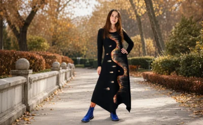 Modelka prezentująca sukienkę dzianinową z bawełny, która ma pomóc w wyborze sukienki na jesień i zimę