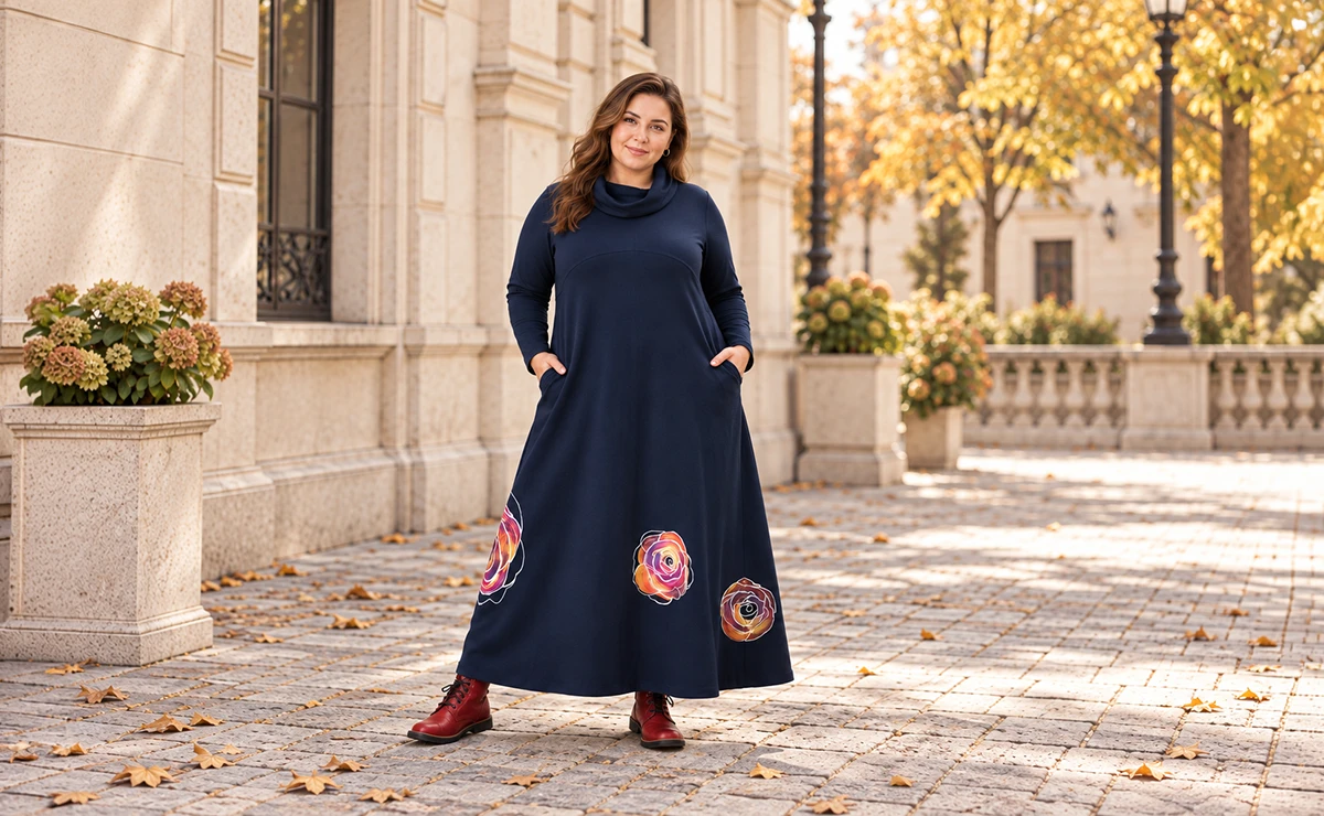 Modelka plus size prezentująca sukienkę dzianinową w dużym rozmiarze